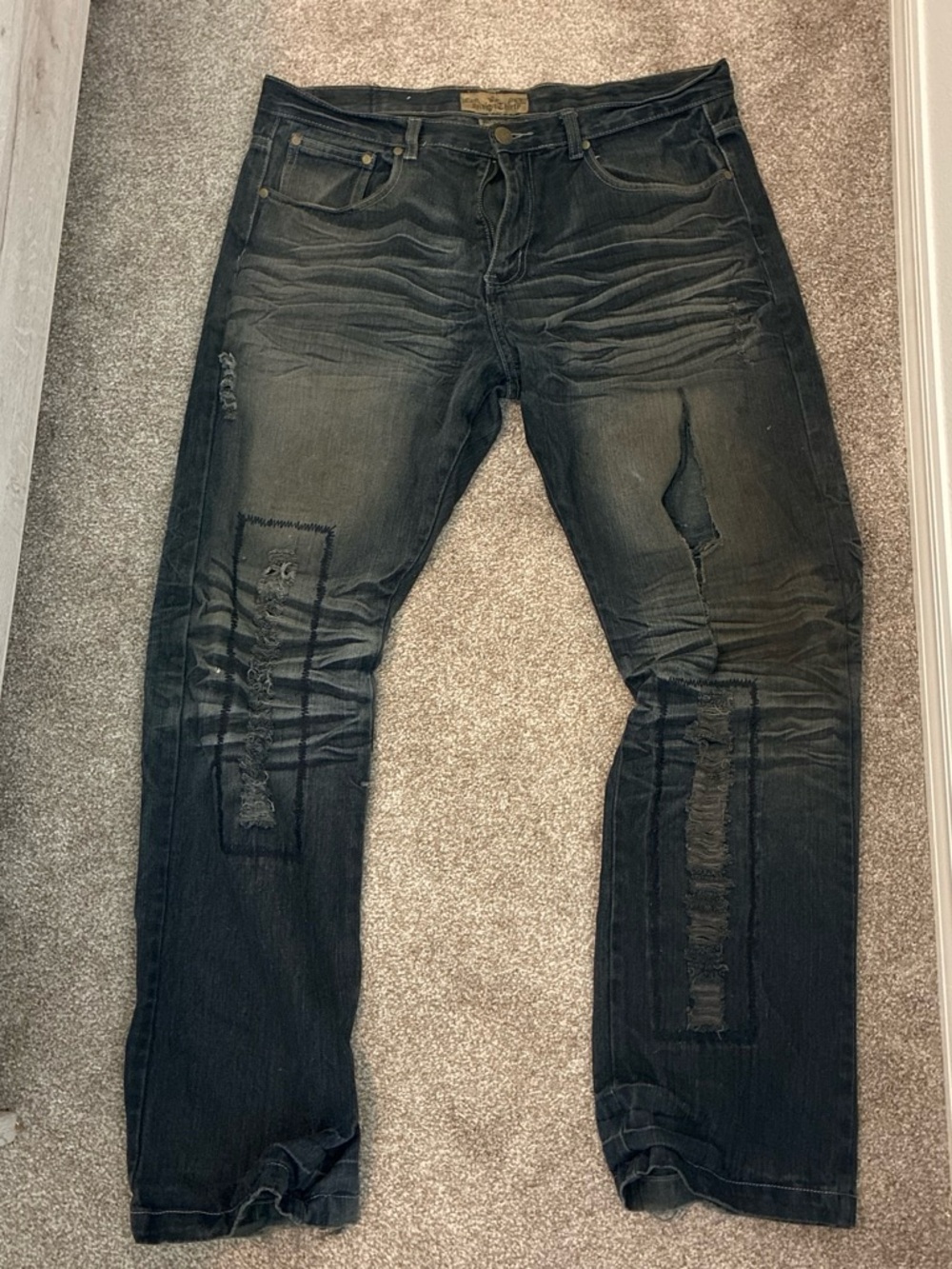 Indigo Men's Black Washed Distressed Slim Straight Jeans